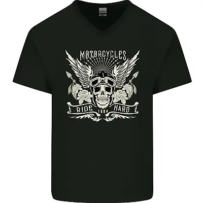 £9.99 • Buy Motorcycles Ride Hard Biker Skull Motorbike Mens V-Neck Cotton T-Shirt