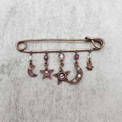 Vintage Brooch Moon Stars Celestial Purple Crystals Copper Tone Safety Pin Clasp • $13.99