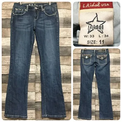 La Idols Jeans Women’s 11 Med Wash Blue Studded Embroidered (Read) • $18.99