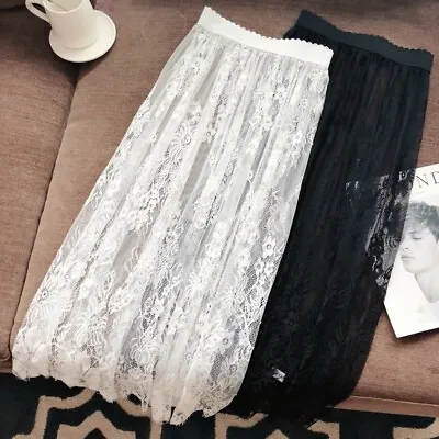 Women Lady Sheer Lace Skirt Underskirt Petticoat Mesh Midi Slips Extender Floral • £11.17