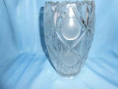 Vtg Clear Glass Vase- Frosted Circles W/ Spearpoint Fan Design 8.25  • $29.95