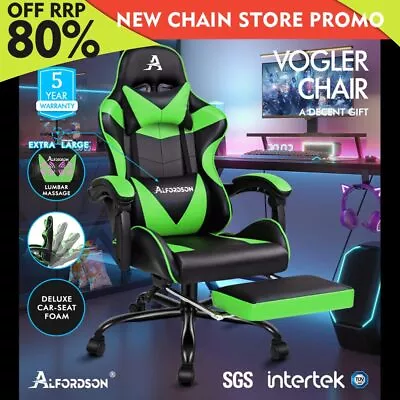 ALFORDSON Gaming Chair Office Executive Racing Footrest Seat PU Leather Green • $154.79