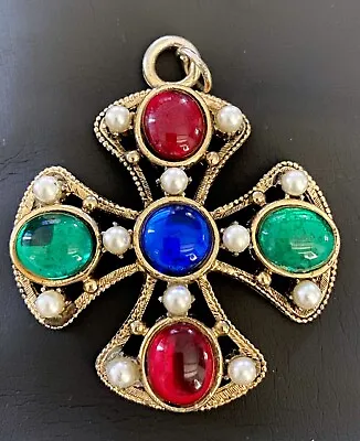 Vintage Maltese Cross Pendant With Cabochons & Faux Pearls LARGE CROSS PENDANT • $24