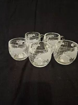 5 Vtg. Nescafe Nestle Glass Round World Globe Etched Frosted Coffee Mugs Cups • $10