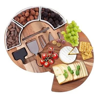 Acacia Round Cheese Board & Knives Set Porcelain Bowls & Serving Tray | Vencier • £29.99