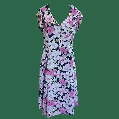 Collectif Floral Pattern Swing Dress Pink And Blue With Pearl Button -UK 12 M • £9.75