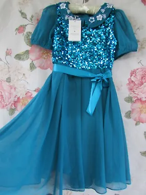 £24.99 • Buy BNWT Teal Floaty Sequin Flower Girl Party Occasion Dress 6-7 MONSOON €73