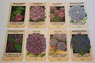 8 Vintage FLOWER SEED PACKETS (S48)-Schmidt Litho-F.F. Smith-3 1/4  X 5 -Verbena • $14