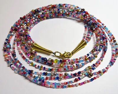 4 ROW BEADED NECKLACE - SEED BEADS IN PRETTY MULTI-COLOURS  92cms LONG....CG0161 • £12