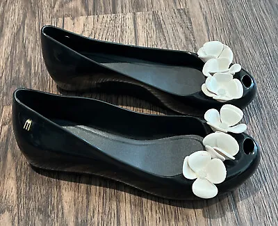 Melissa Ultragirl Jelly Flats Black/White Floral Size 7 • £19.30