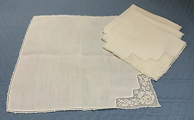 Four Large Vintage Dinner Napkins White Crocheted Lace Edge Linen • $8.95