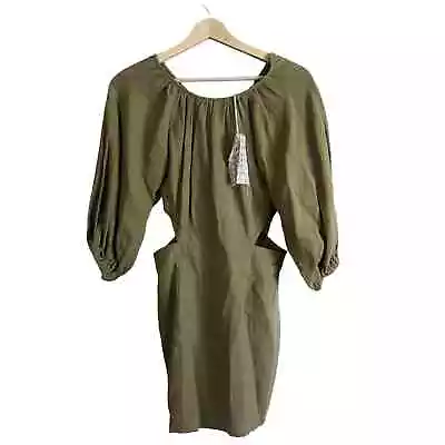 Maurie + Eve Another Day Cotton Mini Dress Olive Green XS Puff Sleeves Cut Out • $74.99