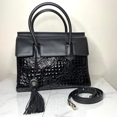 GIANNI VERSACE Black Patent Leather VANITAS Quilted Baroque Shoulder Bag Tote • $1349