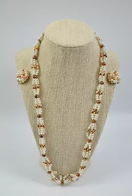 Vintage Multi Strand Beaded Necklace & Clip On Earrings White & Gold Color • $14.95