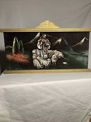 Vintage 60’s 70’s Velvet Felt Painting Art  Jesus Shepards Black Sheep 15x32 In • $50