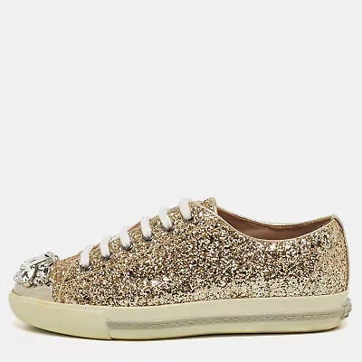 Miu Miu Gold Coarse Glitter Crystal Embellished Metal Cap Toe Sneakers Size 36.5 • $111.30