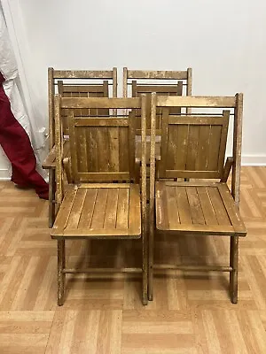 Vintage Wood FOLDING CHAIR SET Of 4 Dining Wedding Church Slat Primitive Country • $129.99