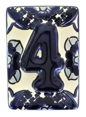 Mexican Talavera Tile House Number Address Blue White High Relief HR3 # 4 • $5.50