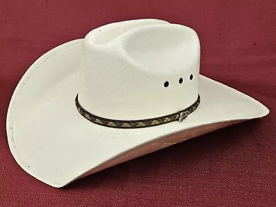 Justin Mens 10X Hard Straw Western Cowboy Hat Size 7 Ivory Off White Brown Band • $38