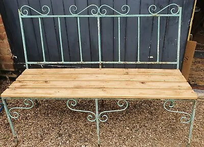 £265 • Buy Antique Wrought Iron And Hardwood Pine Green Garden Bench