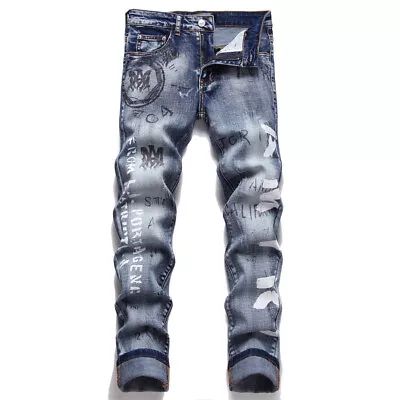 New Style Skinny Fashion Trendy Blue Elastic Feet Men's Jeans Printed • $65.09