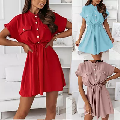Womens Summer Beach Mini Shirt Dress Ladies Short Sleeve Belted Swing Dress US • $18.57