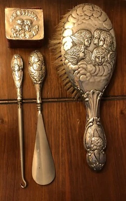 £245 • Buy Antique Silver Dressing Table Set Hallmarked Angels Cherubs