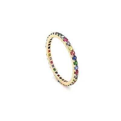 14k Gold Eternity Band Natural Multi Color Sapphire 1.8mm Infinity Rainbow Ring • $192.62