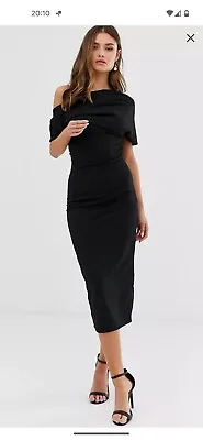 £15 • Buy Asos Asymmetric Off The Shoulder Pencil Dress Midi Length Black Size 18