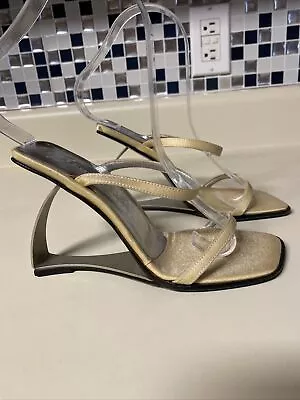 Giuseppe Zanotti Beige Satin Metallic  High Heel Sandals 5.5 Unique Heel • $89