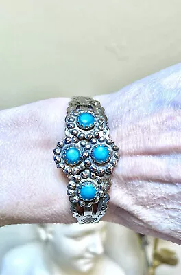 Wonderful Vintage Native American Silver Base Metal & Blue Stone Cuff Bracelet • $30