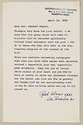 Mother Teresa Autographed 5.5 X 8.5 Typed Letter Signed JSA Letter TLS • $2799.95