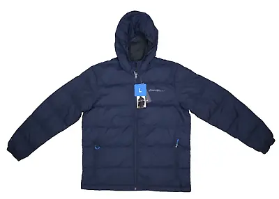 Eddie Bauer Wide Channel Hooded Down Jacket Full Zip Navy Blue Coat Mens Large • $47.99