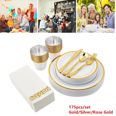 $79 • Buy 175x Plastic Dinnerware Party Plates Disposable Wedding Tableware For 25 Guests