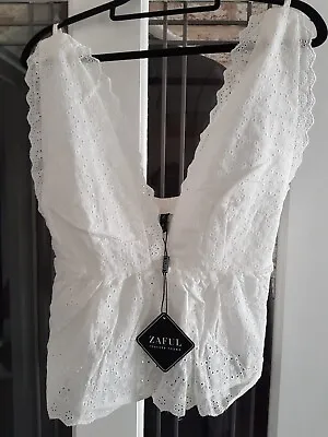 Zaful Size M Uk 10-12 Embroidery Anglais Top White Modern *NEW* • £12.99