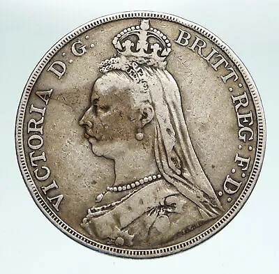 1889 GREAT BRITAIN UK Queen Victoria SAINT GEORGE Horse Silver Crown Coin I90908 • $398.80