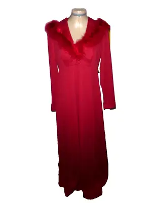 Vtg  Deep Red Marabou Trimmed Hooded Long Jacket & Evening Dress Set Size S • $99.99