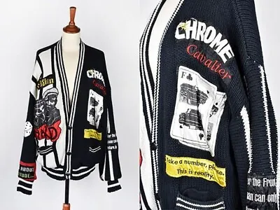 Vtg 80s Frontline Patchwork Cardigan Sz M Lined Kurt Cobain Chrome Embroidered • $225