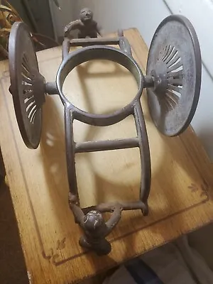 Vintage Asian Cast Iron Figural Rolling Cart Planter   Wheels Spin  • $29.99