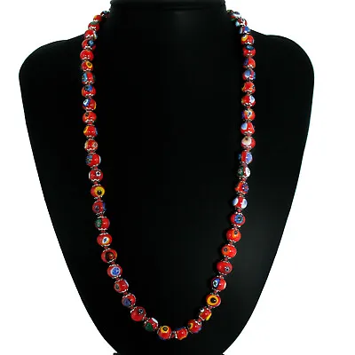 Murano Art Glass Necklace Red Multi Blue Green Black Silver 59 Beads 60cm Length • £32.95