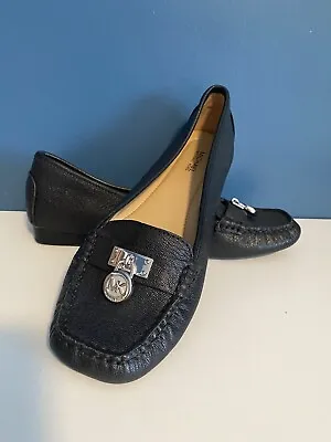 Michael Kors Shoes Black Leather Loafer Hamilton Silver Monogram Lock Logo Sz 8M • $40