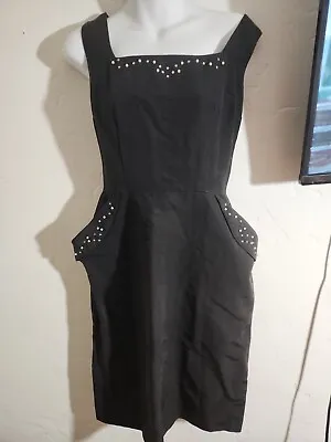 Vintage 50's 60's Black Sleeveless Cocktail Dress Sz 14  Embellished Collar Pock • $18.99