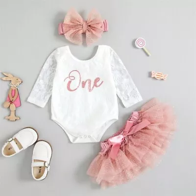 3PCS Baby Girls 1st Birthday Dress Outfits Toddler Clothes Romper Skirt Set • £12.99