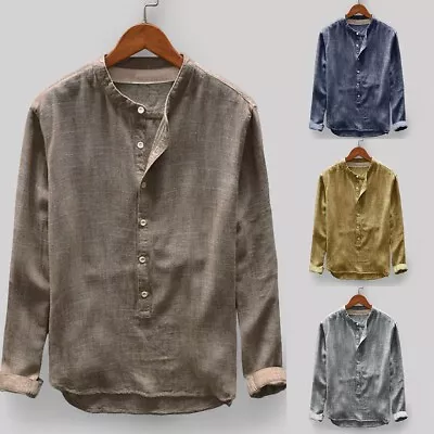 Stylish Retro Men's Casual Shirts Long Sleeve Collarless Button Down Tops • £22.90