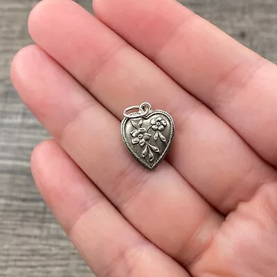 Vintage 925 Sterling Silver Two Forget Me Nots Flower Puffy Heart Bracelet Charm • $29.99