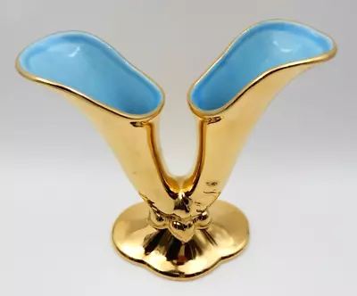 Vintage 24kt Gold Mid-century Sky Blue Interior Double Neck Vase • $23.99