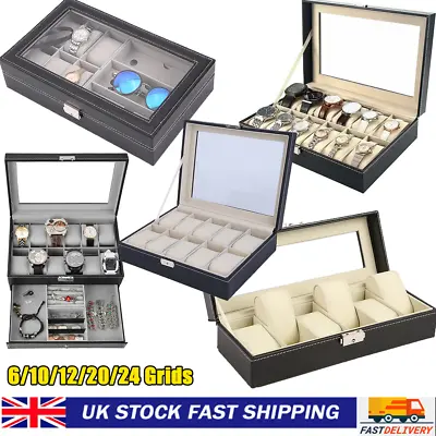 £9.95 • Buy Watch Box Leather Display Glass Jewelry Holder Storage Case 6/10/12/20/24 Grids