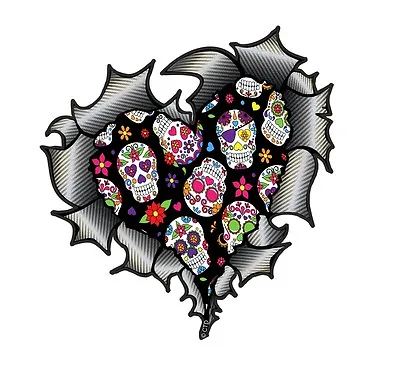 HEART Shape Carbon Fibre Ripped Metal & Mexican Sugar Skull Pattern Car Sticker • £2.59