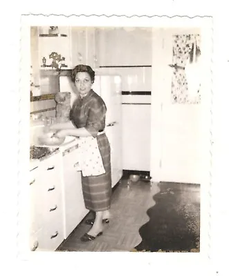 Vintage Photo Woman Washing Dishes In Kitchen 1940's 1950's R140 • $10