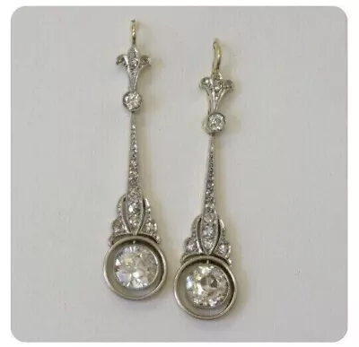 Vintage Art Deco Style Round Diamond Drop Dangle Earrings 14K White Gold Finish • $58.10